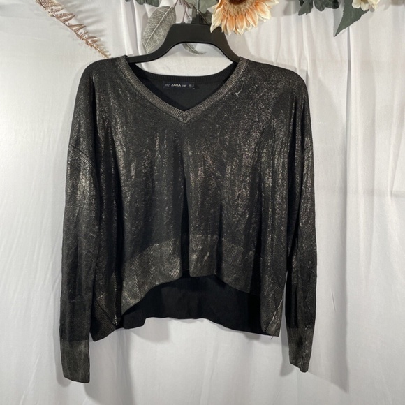 NEW Zara Knit [ Small ]‎ V Neck Metallic Long Sleeve Top Sweater Black/Gold - Picture 5 of 14